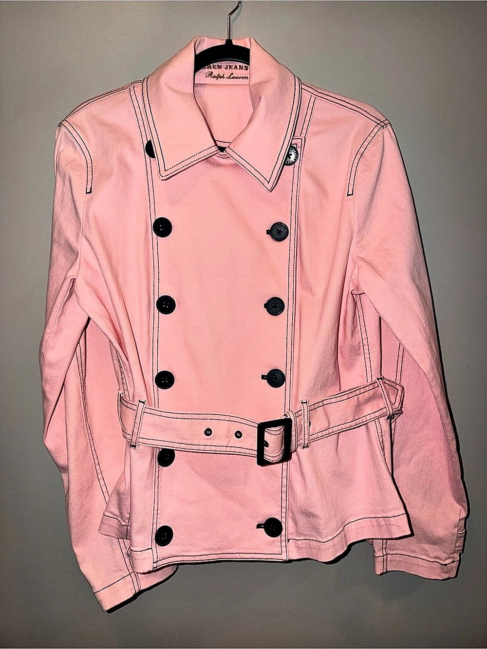 Vintage Lauren Ralph Lauren Pink Denim Jacket Double Breasted Belted Coat L